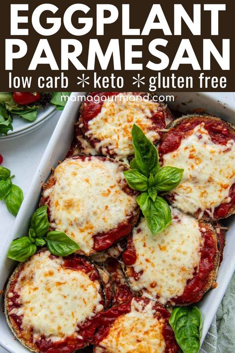 Low Carb and Gluten-Free Eggplant Parmesan keeps the comforting taste, but leaves out the hassle! Eggplant is breaded in almond flour and parmesan for a keto-friendly recipe everyone will love! Keto Eggplant Parmesan, Gluten Free Eggplant Parmesan, Keto Eggplant, Keto And Gluten Free, Low Carb Low Fat Recipes, Boiled Egg Diet Plan, Best Low Carb Recipes, Eggplant Parmesan, Low Sugar Recipes