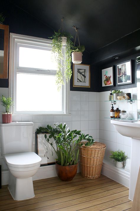 Black Bathroom Inspiration + Updates on Ours - Oasis Bathroom, Black Bathrooms, Makeover Kamar Mandi, Spa Oasis, Ideas Baños, Bohemian Bathroom, Dark Bathrooms, White Bathroom Designs, Black Rooms