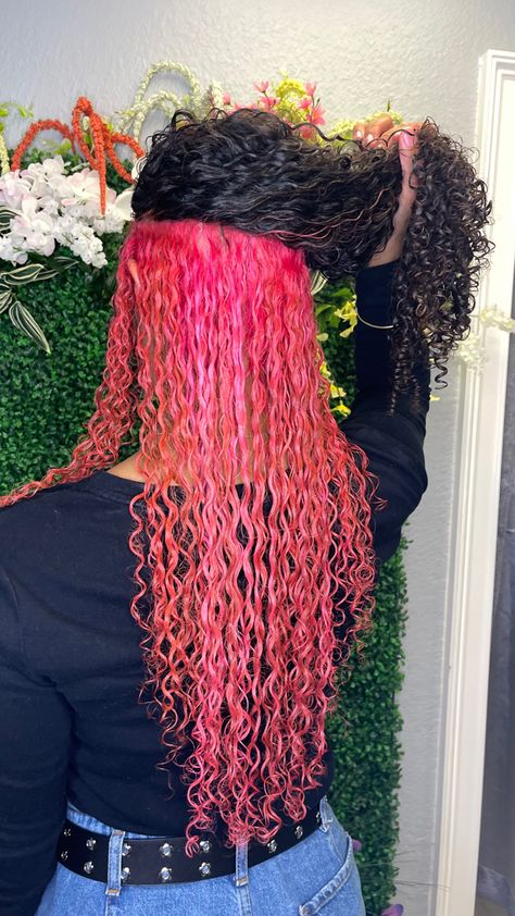 I Best Color To Dye Black Hair, Color Streaks In Curly Hair, Curly Hair Pink Underneath, Peekaboo Curly Hair Color, Temporary Hair Dye For Curly Hair, Pink Peekaboo Hair Curly, Long Pink Curly Hair, Pink And Black Hair Curly, Peekaboo Dyed Curly Hair