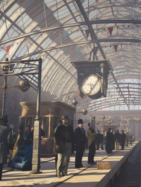 AC Syndicate - Victoria Station 1920s Train Station, Retro Train Station, Train Station Reference, Vintage Train Station Aesthetic, Steampunk Train Station, Victorian Train Station, Train Station Aesthetic, London 1800, Dieselpunk Art