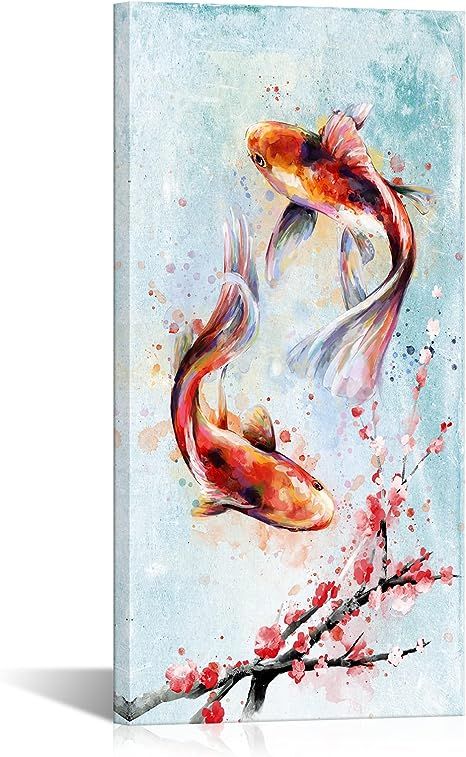 Asian Inspired Artwork, Chinese Wall Painting, Chinese Artwork Traditional, Fish Canvas Painting, Chinese Style Painting, Chinese Watercolor Painting, Chinese Painting Traditional, Modern Abstract Artwork, Wall Art Horizontal