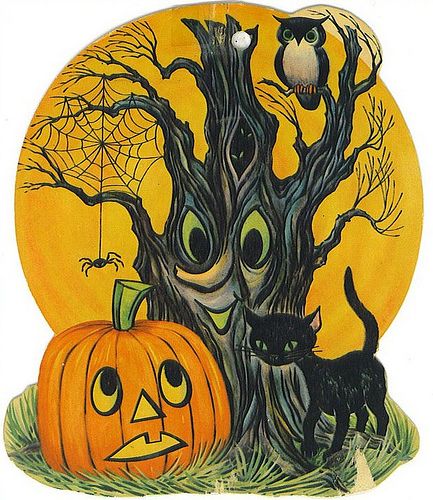 Halloween Kitties, Vintage Halloween Cards, Vintage Halloween Art, Vintage Halloween Images, Invitation Halloween, Vintage Halloween Decorations, Halloween Illustration, Halloween Trees, Halloween Images