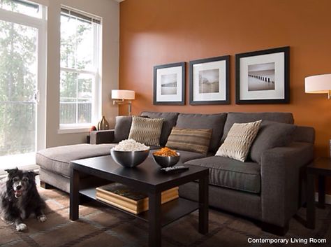 Wall Accent color Orange Living Room Walls, Grey And Orange Living Room, Dark Brown Couch Living Room, Burnt Orange Living Room, Brown Walls Living Room, Brown Living Room Decor, Living Room Wall Color, Room Wall Colors, Sala Grande