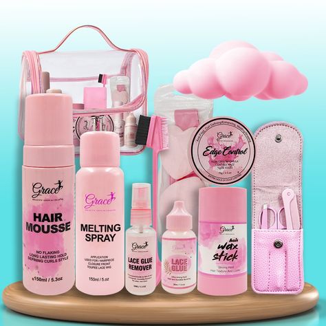 Pink Lace Glue Wax stick Curly Hair Mousse Melt Band Melting Spray Lace Wig Install Kit with Pink Travel Bag#waxstick #wigmaker #wiginstall #wigsforblackwomen #wigstyling #wiginstallation Wig Install Kit, Wig Installation Kit, Wig Kit, Install Wig, Pink Travel Bag, Lace Wig Install, Curly Hair Mousse, Lace Wig Glue, Lace Glue