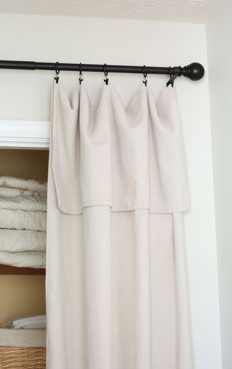 Closet Door Alternative - Easy Drop Cloth Curtains - Sincerely, Marie Designs Hallway With Doors Decor, Laundry Closet No Doors, Replacing Closet Doors With Curtains, Curtains On Closet Doors, Replace Closet Doors With Curtains, Curtains As Closet Doors, Utility Closet Design, Alternative Closet Door Ideas, Closet Door Alternative