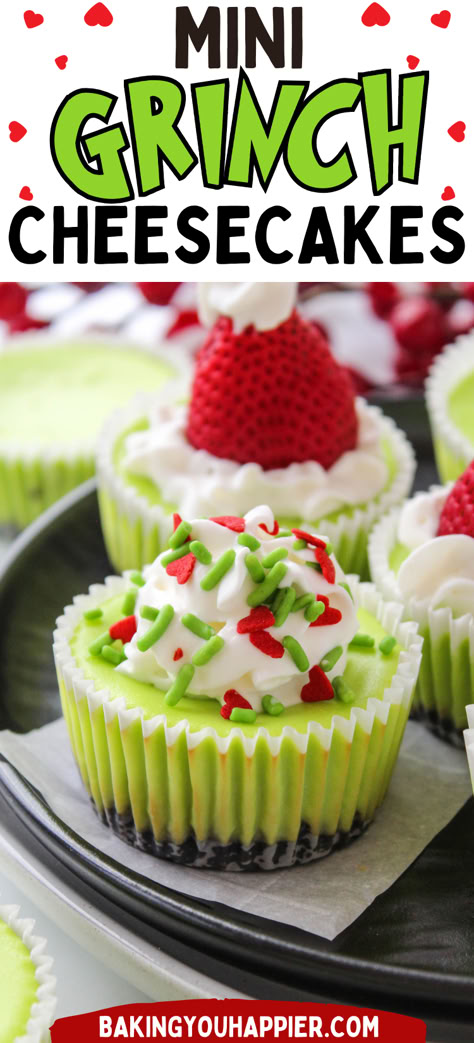 Grinch Mini Cheesecakes, impress all of the Who’s at your Christmas party with these fun & festive little neon green cheesecakes! Grinch No Bake Cheesecake, Grinch Brunch Food, Christmas Themed Treats For Kids, Cheap Holiday Treats, Grinch Christmas Food Snacks, Whoville Recipes, Grinch Recipes For Kids, Grinch Desert Ideas, Christmas Themed Food Holiday Parties