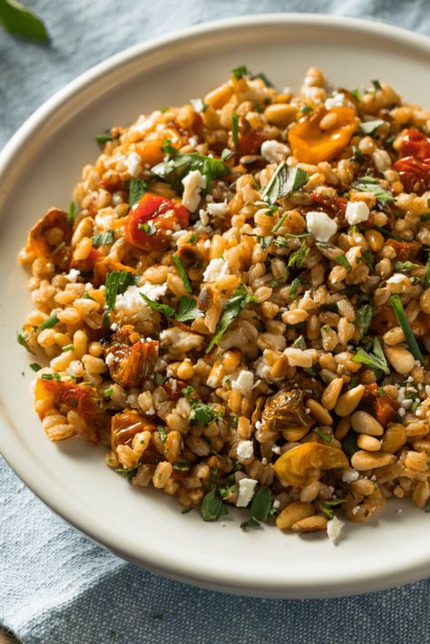 Mediterranean Farro Salad Recipe, Farro Salad Recipes, Mediterranean Salad Recipe, Farro Recipes, Mediterranean Diet Food List, Farro Salad, Berry Salad, Grain Salad, Mediterranean Salad