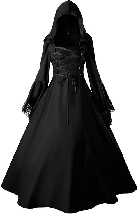 Amazon.com: Loli Miss Women's Gothic Witch Vampire Dress Renaissance Medieval Cosplay Hooded Costume Halloween XL Black: Clothing Medieval Ball Gown, Black Witch Dress, Victorian Witch, Dress Medieval, Stile Harry Potter, Witch Vampire, Vampire Dress, Witch Dress, Gothic Victorian