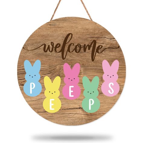 PRICES MAY VARY. Cute Design - There is 1pcs Easter wooden signs included in the package, patterned with bunny peeps, printed with the words of welcome and peeps against wood grain print background, cute and rustic, with a hemp rope for hanging, very easy to use. Proper Size - The wooden sign is measuring about 30 x 30cm/12 x 12 inch, proper size for your front door, window, wall, etc., bringing vitality into your home and party. Good Material - Made of durable wood, close to nature, safe and od Bunny Welcome Sign, Bakery Window, Coffee Shop Bakery, Welcome Sign Door, Easter Wood Signs, Bunny Peeps, Home Coffee Shop, Farmhouse Easter, Cricut Images