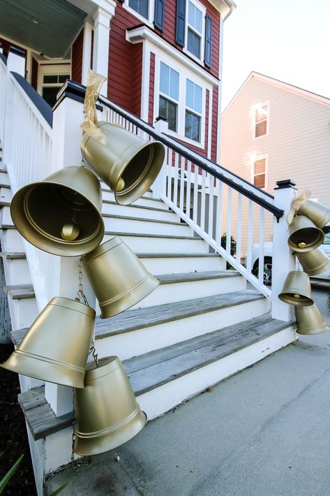 Christmas Trees With Large Bells, Diy Large Jingle Bells, Large Porch Christmas Decor, Vintage Christmas Cutouts, Diy Giant Outdoor Christmas Ornaments, Diy Large Bells, Large Bell Christmas Decor, Christmas Lawn Decorations Diy, Diy Giant Jingle Bells