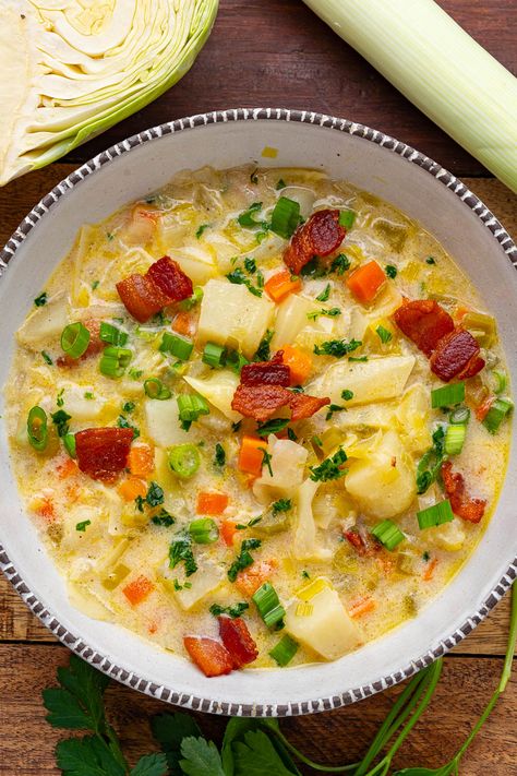 An Irish style potato soup with plenty of vegetables and bacon! Potato And Cabbage Soup, Potato And Cabbage, Easy Cabbage Soup, Bacon Cauliflower, Irish Style, Cabbage And Bacon, Best Soup Recipes, Ancient Grains, Vegetable Soup Recipes