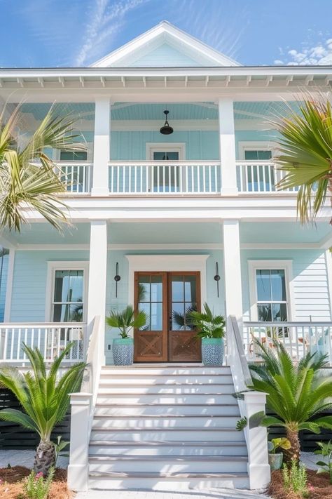 Beach House Colors Exterior, Coastal Exterior House Colors, Southern Beach House, House Color Ideas, Coastal House Exterior, Coastal Home Exterior, Beach House Landscaping, Exterior Siding Options, Beach Style House Plans