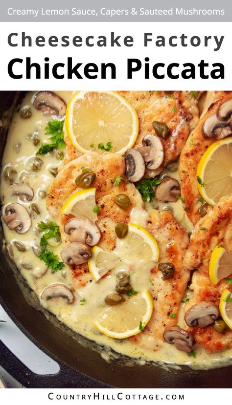 This creamy copycat Cheesecake Factory lemon piccata recipe is an easy and delicious one-pot meal ready in 30 minutes. You get perfectly golden-brown, tender chicken, topped with a rich and bright lemon sauce, tangy capers, and fresh parsley. It's quick enough for a midweek meal, yet elegant enough to serve guests on a weekend dinner party. And something everyone will love! It's a one-pot meal that is ready to eat in about 30 minutes. That also means easy clean-up!| CountryHillCottage.com Chicken Piccata Cheesecake Factory, Lemon Piccata, Cheesecake Factory Chicken, Chicken Piccata Easy, Lemon Caper Chicken, Chicken Piccata Pasta, Copycat Cheesecake Factory, Piccata Sauce, Lemon Chicken Piccata