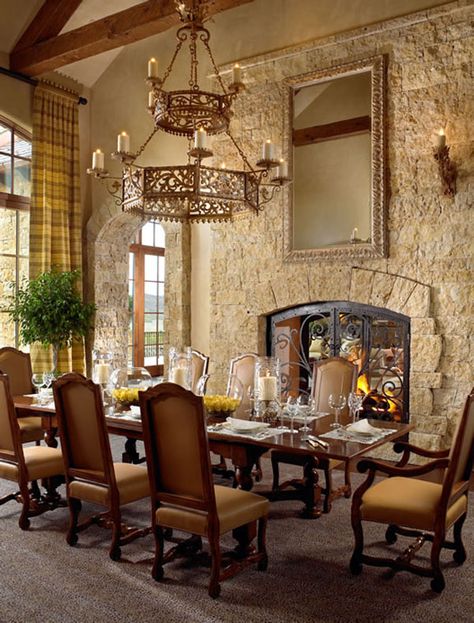 Tuscan-inspired home on the Aspen mountains Dining Room, stone walls, chandelier...prefer hard floor, no carpet.  Dream Home Tuscan Design, Tuscan Kitchen, Tuscan Inspired, Real Estat, Mediterranean Home Decor, Tuscan House, Rustic Dining Room, Elegant Dining Room, Tuscan Decorating