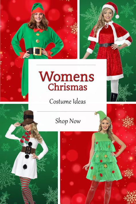 ladies Christmas Costumes including Elf, Santa, Snowman and Christmas Tree Christmas Dress Up Ideas Holiday Parties, Christmas Fancy Dress Ideas Women, Christmas Elf Outfits Women, Christmas Theme Outfit Ideas, Candy Cane Costume Diy, Diy Christmas Costumes For Women, Christmas Movie Characters Costumes, Diy Elf Costume Women, Santacon Outfits Women