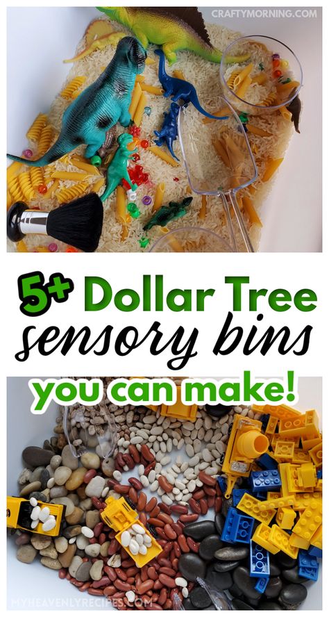 Dollar Tree Sensory Bins to Make- fun sensory play for kids. Sensory play for toddlers and preschoolers. Sensory activities for preschoolers and kids. Dinosaur, ocean, playdough, buttons, farm, construction site and more! Fun cheap DIY sensory bins to make on a budget. Diy Construction Sensory Bin, Diy Dinosaur Sensory Bin, Cheap Easy Sensory Bins, Sensory Buckets For Preschool, Low Cost Sensory Bin, Preschool Dollar Tree Activities, Cheap Diy Sensory Bins, Texture Sensory Bin, Make Your Own Sensory Bin