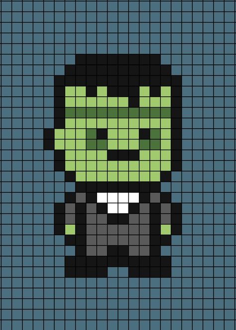 A pixel art template of Frankenstein. Frankenstein Pixel Art, Halloween Grid Art, Pixel Art Ideas Halloween, Pixel Art Pattern Halloween, Halloween Pixel Art Grid, Gothic Pixel Art, Spooky Pixel Art, Fall Pixel Art, Halloween Perler Bead Patterns