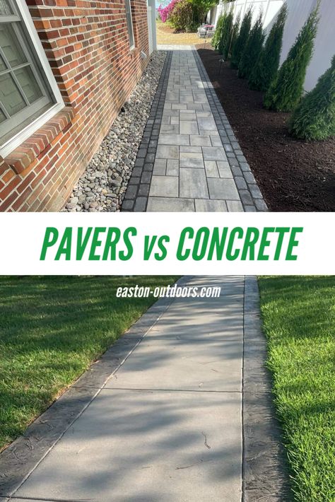 Trying to decide between pavers and concrete for your new patio or driveway update? There are a lot of factors to consider such as price, installation, maintenance, and more. Check out these six important differences between concrete and pavers to help you make your decision. Driveway Pavers Extension, Concrete And Pavers, Large Concrete Pavers, Concrete Pavers Walkway, Stamped Concrete Walkway, Poured Concrete Patio, Concrete Front Porch, Concrete Paver Patio, Concrete Backyard