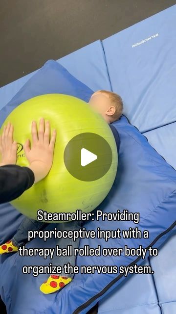 More Than A Gym on Instagram: "Steamroller: Providing proprioceptive input with a therapy ball rolled over body to organize the nervous system!  Have your child lay down in a comfortable position and roll the therapy ball up and down their body applying firm pressure. Proprioceptive input is one of our hidden senses (we have 8 senses total). This system provides a sense of body awareness by sending messages to receptors in our muscles and joints. They tell our bodies what each body part is doing, where our bodies are in space, and how it is moving. Providing this input helps organize the nervous system which can aid in calming children who are overstimulated or increase alertness to aid in attention.  **Check in with your child to see if they want more or less pressure ** This type of prop 8 Sense, Proprioceptive Input, Therapy Ball, Owl Kids, Heavy Work, Body Awareness, The Nervous System, A Gym, Organization Help