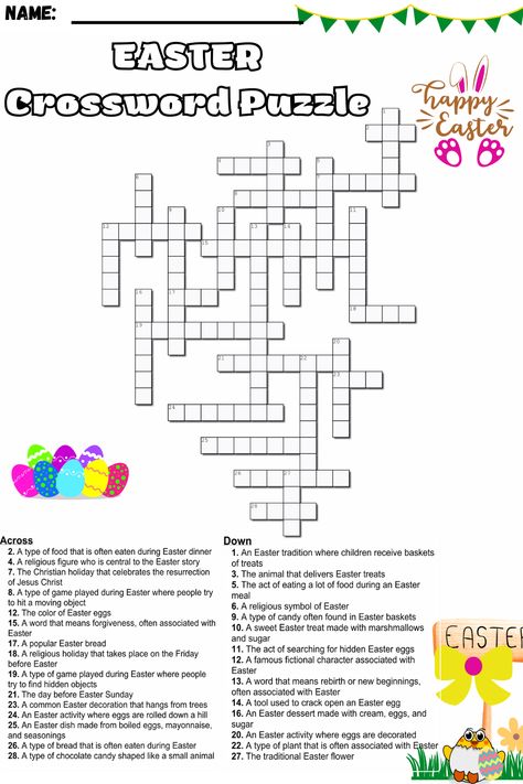 Looking for a fun and engaging way to celebrate Easter with your students? Look no further than this Easter crossword puzzle! With 28 clues related to the holiday and its traditions, this puzzle is the perfect way to get your students excited about the season. Featuring references to Easter eggs, chocolate bunnies, and more, this puzzle is a great way to reinforce key vocabulary and concepts related to Easter. Easter Crossword, Easter Trivia, Cross Word, Puzzle Worksheet, Girl Essentials, Chocolate Bunnies, Easter Story, Easter Eggs Chocolate, Word Searches