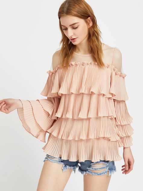 Shop Mesh Shoulder Pleated Tiered Frill Top online. SheIn offers Mesh Shoulder Pleated Tiered Frill Top & more to fit your fashionable needs. Pleated Top Outfit, Pleated Fabric Top, Delhi Trip, Pleated Fabric Dress, Fancy Top, Frill Top, Virtual Wardrobe, Fancy Tops