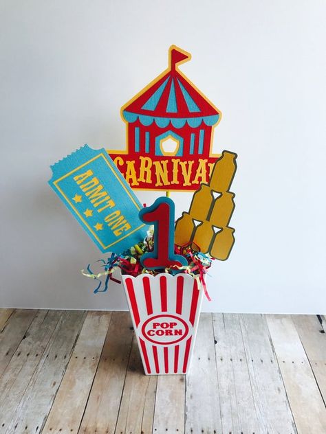 Carnival Centerpiece, Carnival Party Centerpieces, Carnival Centerpieces, Yellow Centerpiece, Dumbo Birthday, Food Tables, Circus 1st Birthdays, Circus Birthday Party Theme, Carnival Birthday Party Theme