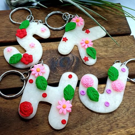 Polymer Clay Initial Keychain, Polymer Clay Keyring, Clay Keyring, Handmade Keyrings, Clay Embellishments, Silver Keychain, Clay Polymer, Long Acrylic, Origami Crafts Diy