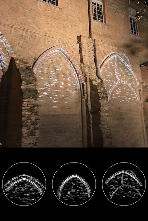 Rosco Image Spot Gobo Projectors create gobo projections that re-create historical details on the side of Le Musée des Augustins in Toulouse, France. Gobo Projection, Gobo Lighting, Arch Light, 3d Mapping, Toulouse France, Biophilic Design, Architectural Lighting, Light Architecture, Facades