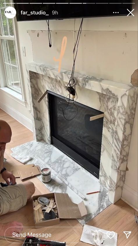 Cast Stone Fireplace With Built Ins, Calcutta Fireplace, Taj Mahal Fireplace Surround, Viola Marble Fireplace, White Marble Fireplace Surround, Diy Marble Fireplace Surround, Marble Surround Fireplace, Granite Mantle, Marble Slab Fireplace