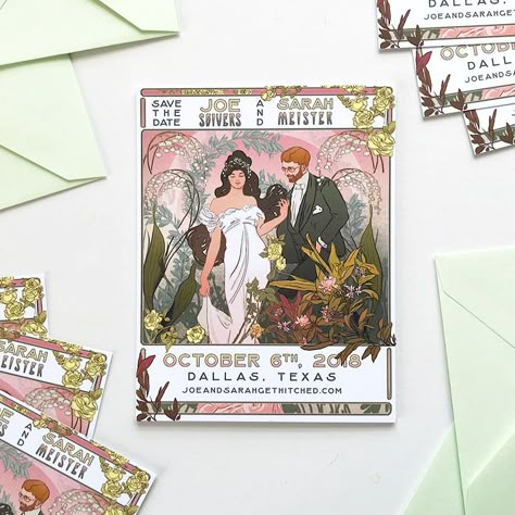 Jolly Edition Blog Post January 2018 Mucha inspired illustrated Save the Date. Texas arboretum wedding. by @jollyedition Art Nouveau Wedding Save The Date, Artsy Save The Date Ideas, Art Nouveau Save The Date, Collage Wedding Invitations, Muppet Wedding, Save The Date Illustration, Save The Date Art, Bookish Wedding, Save The Date Illustrations