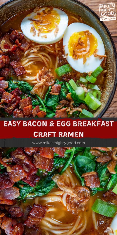 Bacon And Egg Ramen, Ramen Breakfast Bowl, Ramen Breakfast Recipes, Breakfast Ramen Noodles, Ham Ramen, Asian Breakfast Ideas, Breakfast Ramen Recipe, Bacon Ramen, Yakamein Recipe