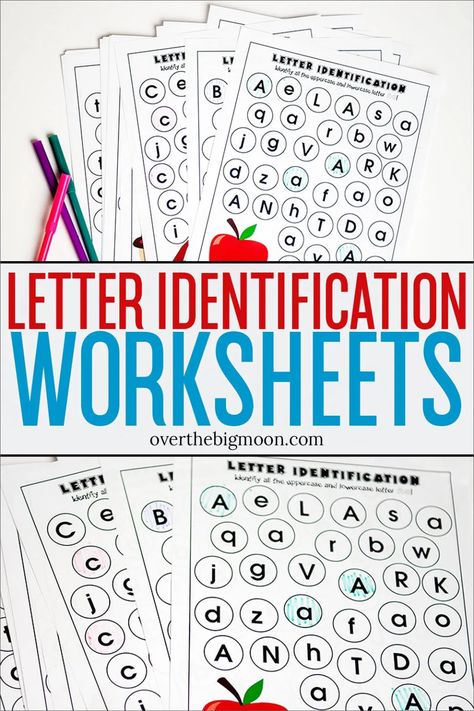 These Alphabet Letter Identification Printables are such a fun way for preschoolers to learn their letters! Just download, print and start the learning fun! From overthebigmoon.com! Letter Identification Worksheets, Letter Identification Games, Letter Recognition Kindergarten, Letter Matching Worksheet, Letter Identification Activities, Letter Recognition Preschool, Number Recognition Worksheets, Letter Recognition Games, Letter Recognition Worksheets