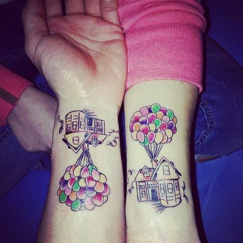 Up Couple Tattoos Up Couple Tattoos, Pixar Tattoo, Disney Couple Tattoos, Tattoos Disney, Couple Tattoos Unique Meaningful, Couple Tattoos Love, Couples Disney, Disney Sleeve, Cute Couple Tattoos