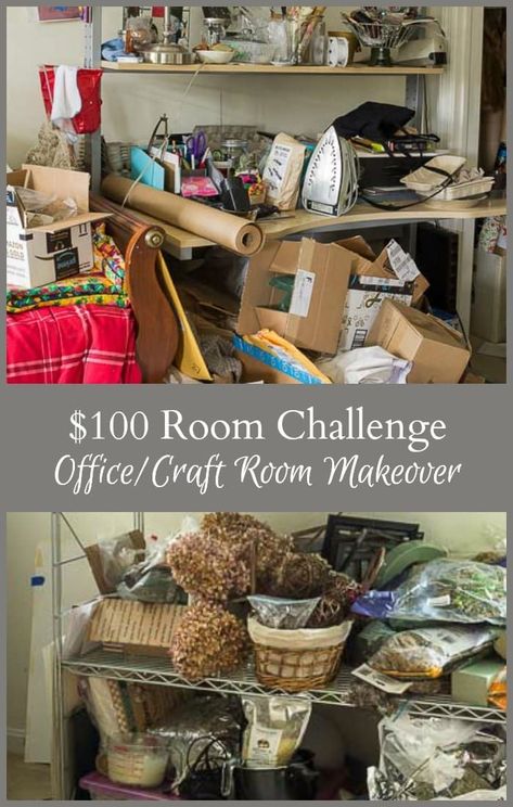 $100 challenge to makeover the room of your choice. See how this home office/craft room goes from chaotic to organized in one month on a tight budget. #organize #makeover #homeoffice  #craftroom Small Craft Area Ideas, Craftroom Organizing Ideas On A Budget, Whimsical Craft Room, Craft Room Office Combo Work Spaces, Living Room Craft Room Combo, Craft Office Organization, Moody Craft Room, Basement Craft Room Ideas, Craft Room Office Combo