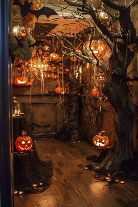 Creepy Witch Halloween Decorations, Halloween House Lighting, Halloween Witch Scenes Outdoor, Haunted Forest Decorations Indoor, Halloween Indoor Lights, Fantasy Halloween Decorations, Decorate Chandelier For Halloween, Haunted Woods Decorations, Witches House Decor