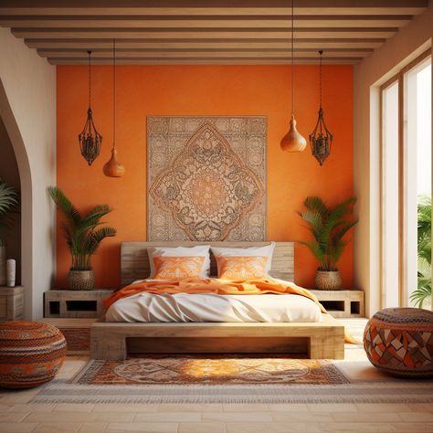 Immerse yourself in these vibrant orange bedrooms, boasting realistic details, wooden accents, and a fusion of Afro-Caribbean and Islamic styles. #ExoticEscape #OrangeBedroom #AfroCaribbeanStyle #IslamicArt Orange And Blue Bed, Orange Room Bedroom, Orange Painted Rooms, Goddess House, Bedroom Indian Style, Orange Bedrooms, Sunset Bedroom, Orange Bedroom Ideas, Moroccan Bedroom Ideas