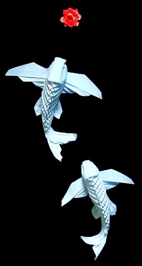 Koi fish flying origami artwork paper design Origami Tattoo, Paper Folding Art, Origami Paper Folding, Wet Paper, Paper Fish, Tutorial Origami, Origami Artist, Origami Fish, Origami And Kirigami