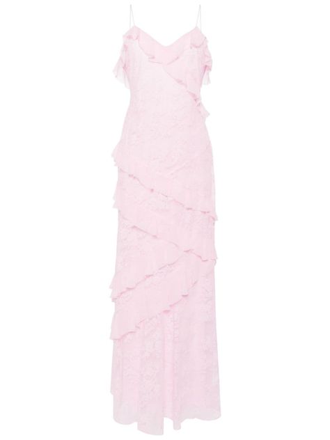 blush pink silk lace detailing ruffled detailing V-neck concealed side zip fastening spaghetti straps sleeveless open back floor-length Silk Dress With Lace, Silk Dress Pink, Bohemian Wedding Guest, Sublimation Ideas, Versace Outfit, Silk Lace, City Dress, Maxi Dress Evening, Silk Maxi Dress