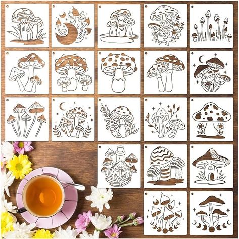 Amazon.com : 20 Pieces Mushrooms Stencils Template, Reusable Boho Mushroom Moon Flowers Stencils for Painting on Wood, Canvas, Tile, Scrapbook, Fabric, Pillows Decorations DIY Craft Projects (20pcs Mushroom 5.1) : Arts, Crafts & Sewing Mushroom Stencil, Diy Projektit, Dekor Diy, Painting Templates, Art Tile, Flower Stencil, Diy Art Projects, Kraf Diy, Stencil Crafts