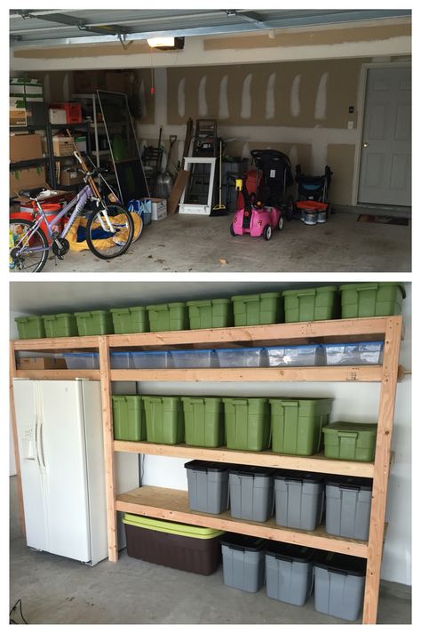 Open shelving in a garage is a great storage solution for big tubs filled with… Garage Organization Tips, Garage Organisation, Garage Storage Shelves, Shed Organization, Garage Remodel, Garage Organize, Basement Storage, Diy Garage Shelves, Garage Shed