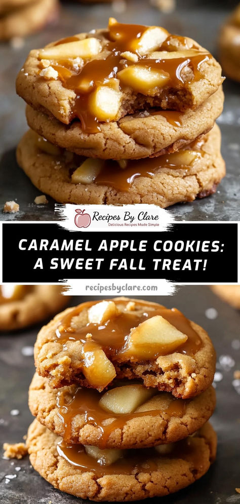 Chewy, caramel-drizzled cookies filled with tender apple chunks—perfect for savoring the flavors of fall!  Ingredients:  1 ¾ cups all-purpose flour 1 cup peeled, chopped apples 1 cup caramel bits ½ cup unsalted butter (softened)  Soft, cinnamon-spiced cookies packed with juicy apples and gooey caramel, making them the perfect sweet fall treat! Carmel Apple Crumble Cookies, Carmel Apple Oatmeal Cookies Recipes, Pillsbury Salted Caramel Apple Cookies, Carmel Apple Cookies Easy, Caramel Sauce Cookies, Apple Cookie Cups, Carmel Apple Snickerdoodles, Cookies With Apples, Carmel Apple Cookies Recipe