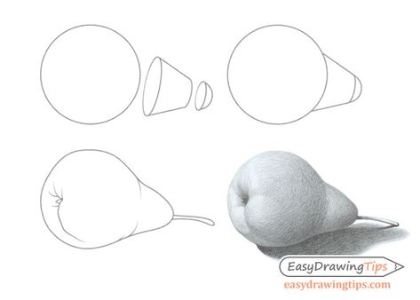 Fruit Drawing Tutorial, Still Life Drawing Tutorial, Object Drawing Simple, Pear Sketch, How To Draw Fruit, Pear Drawing, Fruit Drawing, Basic Sketching, Draw Tutorial