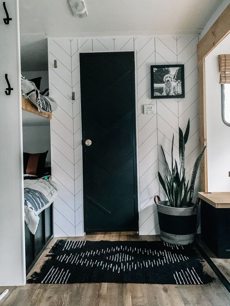 Camper Bathroom Door Ideas, Remodeling Camper, Rv Aesthetic, Travel Trailer Renovation, Stained Butcher Block, Bus Homes, Trailer Inspiration, Small Travel Trailer, Camper Flooring