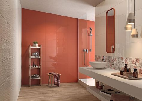 Bathroom tiles: ceramic and porcelain stoneware - Marazzi 7412 Classic Bathroom Tile, Flooring Ceramic, Orange Bathrooms, Bad Inspiration, Bathroom Red, Minimalist Home Interior, Wall Painting Decor, Bathroom Tile Designs, Bathroom Tiles