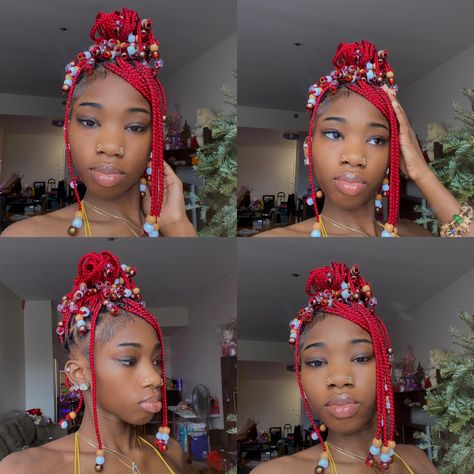 Red Knotless Braids With Beads, Short Medium Knotless Braids, Beads On Natural Hair, Knotless Braids With Beads Hairstyles, Bead Braids, Short Knotless Braids With Beads, Beautiful Box Braids, Style Knotless, Short Knotless Braids