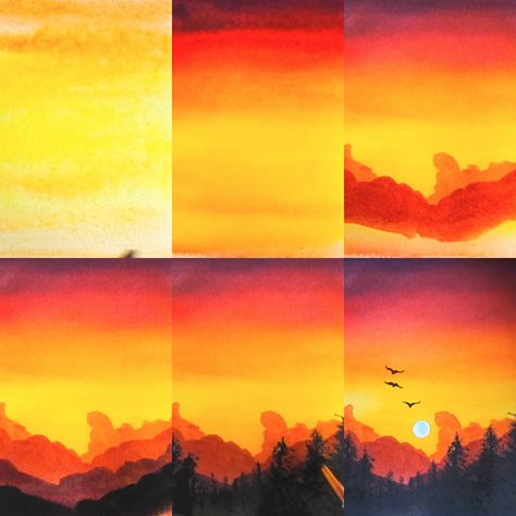 How to draw a sunset landscape step by step tutorial for beginner easy DIY Landscape Step By Step, Mountain Sunset Painting, Sunset Painting Easy, Watercolor Painting Easy, Landscape Steps, Moon Artwork, Warrior Concept Art, Sunrise Painting, Step By Step Watercolor