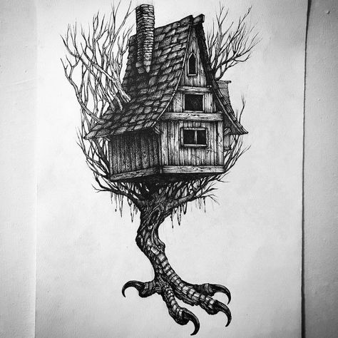 Witch House Tattoo, Tree House Tattoo, Haunted House Tattoo, Apocalypse Tattoo, Baba Yaga House, Tree House Drawing, Halloween Flash, Witch Drawing, Animal Tattoo Ideas