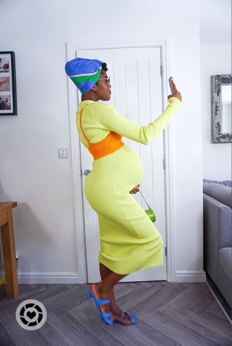 Pregnant woman wearing lime green knit dress , orange crochet cropped top, headscarf and blue mules Crochet Cropped Top, Blue Mules, Green Knit Dress, Orange Crochet, Second Pregnancy, Dress Orange, Pregnancy Outfits, Pregnant Woman, Follow On Instagram