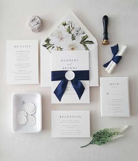 Navy Wedding Invitation Suite, Modern Elegant Wedding Invitations Classy, Elegant Wedding Cards, White Wax Seal, Navy Wedding Invitation, Navy Blue Wedding Invitations, Spanish Wedding, Botanical Wedding Invitations, Wedding Invitation Samples