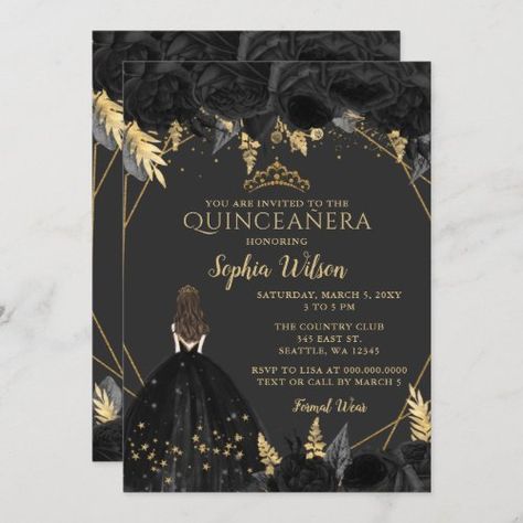 $ 2.95 | Elegant Black Gold Floral Princess Quinceañera In - quinceanera, glitter, dress, gown, mis quince, gold, mis princess crown, tiara, vintage, black Black Quinceanera Theme, Gold Quinceanera Theme, Princess Sweet 16, Invitations Quinceanera, Quince Invitations, Quince Decorations, Princess Birthday Invitations, Quinceanera Themes, Sweet Sixteen Invitations